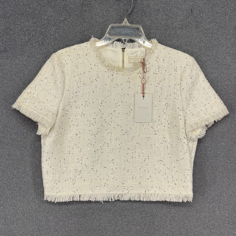 Ted Baker Boucle Crop Top Womens 10 Cream Sequin Fray Trim Tweed Forsa